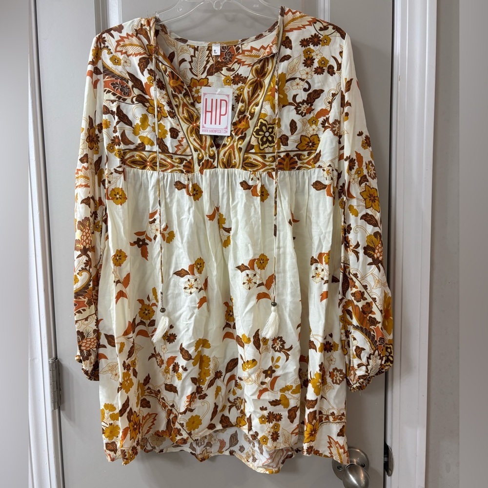 HIP Women's Floral Tunic - Cream and Brown